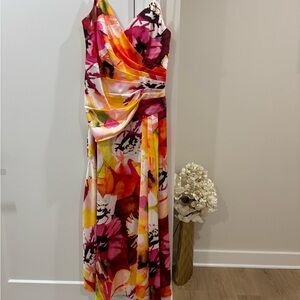 Theia Floral Dress in Pink and Yellow